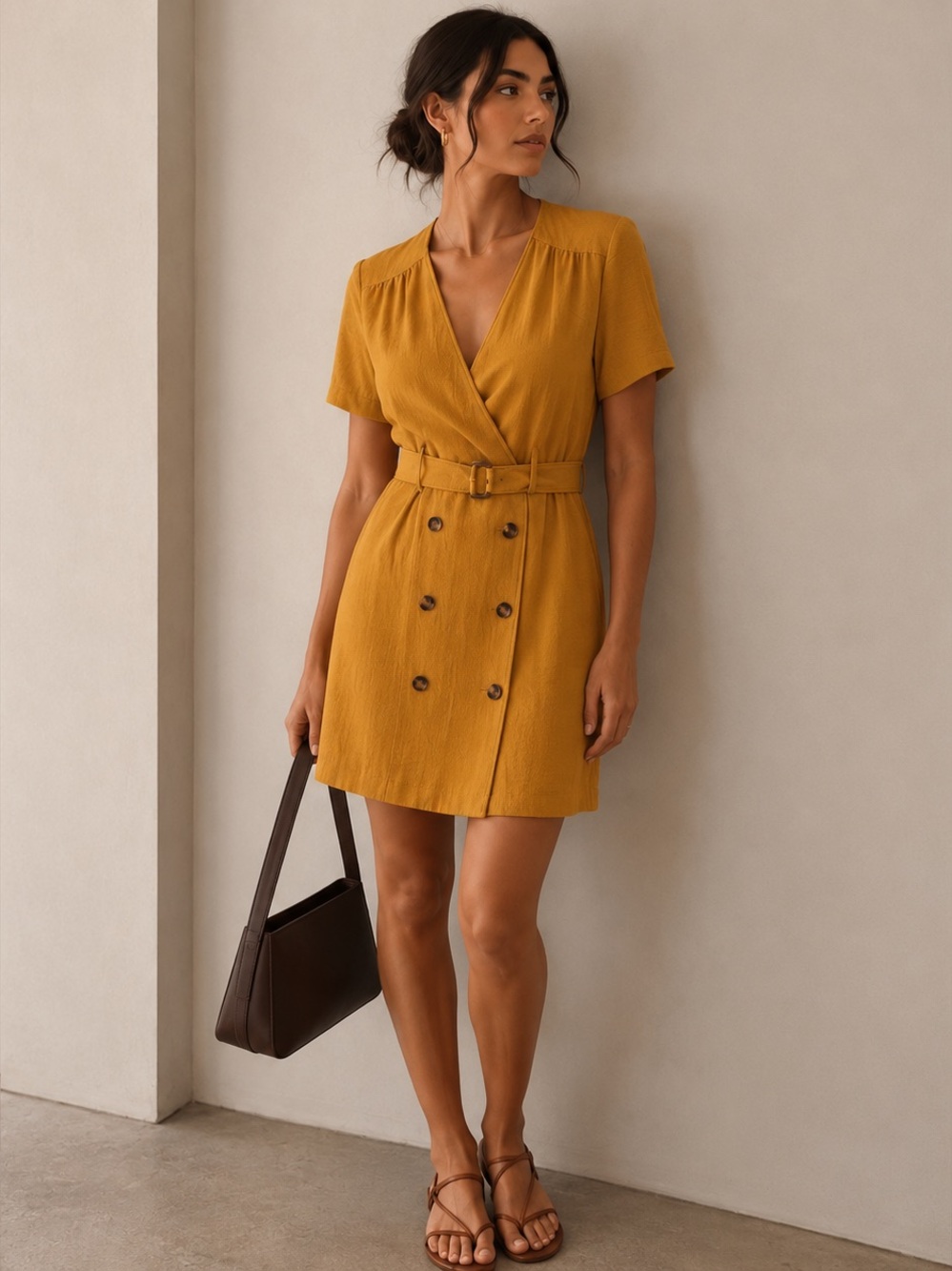 Dex Mustard Wrap Dress | Aritzia Style Euro Summer Minimalist Chic